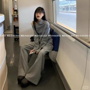 ชุดสองชิ้นแขนยาวหลวมๆ ลำลองสำหรับผู้หญิง ชุดกางเกงขายาวเอวสูง ฤดูใบไม้ร่วง 2024 ชุดทำงานผู้หญิง