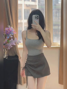 Gray Strapless Crop Top And High Waist A-Line Skirt Set for plus Size Women Summer Casual Korean Style Fashion Ensemble