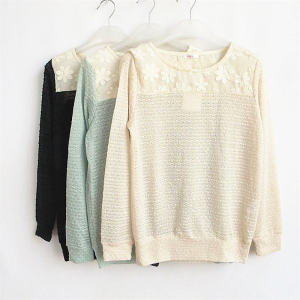 Honeys Original ผู้หญิง ลูกไม้ คอกลมกลวงออกบาง เสื้อสเวตเตอร์ถัก ฤดูใบไม้ผลิ ฤดูใบไม้ร่วง คอกลมต่ําแขนยาวปกติ