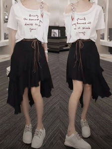 Shalldoer | Áo thun tay ngắn in chữ mùa hè cho nữ váy nửa thân không đều bộ đồ hai mảnh thời trang thường ngày chất liệu polyester