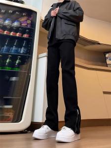Side Zipper Straight Black Jeans Slim