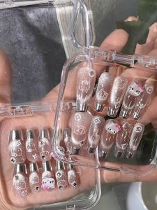 Handmade Wearable Silver Ice Transparent Kitty Cat Nail Art French Mirror Cat Eye Flashing Long Wearable Nail Tips Finished Product