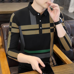 Long Sleeve Polo Shirt Mens Collar Striped Business Style Fashionable Autumn New Arrival Breathable Cotton Polyester Blend