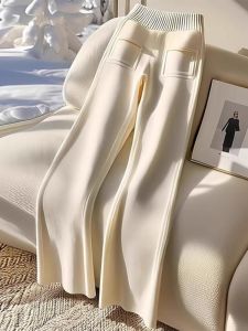 WANGGONGZHU | High Waist Drapey Wide Leg Pants Womens Knitted Casual Lazy Straight Leg Long Trousers Autumn Winter New Small Size Princess