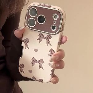 Korean Cute Leopard Print Bowknot Leather Texture Phone Case For iPhone 17 16 15 14 13 12 11 Pro Max Shockproof Protective Cover