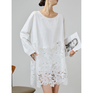 White Embroidered with Lace Detail Casual Loose Fit Long Sleeve Dress For Autumn