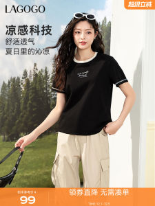 Lagogo Instant Cool Color Block Starry Sky Short Sleeve round Neck T-Shirt Womens Summer New Style Cotton Polyester Blend