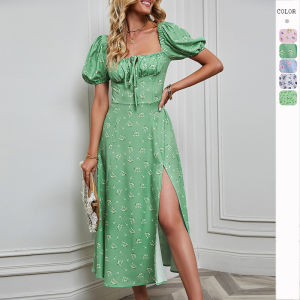 Váy Dài Tay Bong Bóng Cắt Xẻ Thắt Nơ Váy Mùa Hè Cao Cấp Cổ Chữ V Không Tay Váy Thường Ngày Cho Nữ