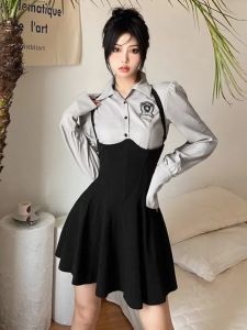 Mumili Autumn Fashion JK Uniform Set Womens Waist-Cinching Slimming Strap Dress And Long Sleeve Shirt Two-Piece Set