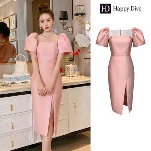 Happy Diva ฤดูร้อนชุดรับปริญญาผู้หญิงสีชมพูพัฟแขนเจ้าหญิงสไตล์หรูหราบอลชุดหญิงเอวสูงสายสีเขียววันเกิดชุดปาร์ตี้ 4891