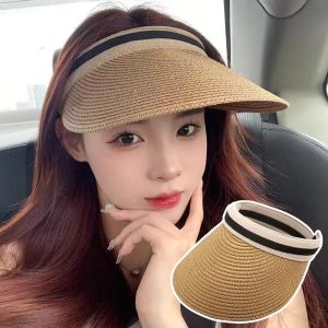 Summer Beach Vacation Sun Hat Womens Hair Clip Style Wide Brim Straw Hat Empty Top Anti-Uv Casual Leisure Holiday Hat