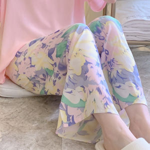 กางเกงขายาวผ้าไหมบางป้องกันยุงสำหรับผู้หญิงในฤดูร้อน กางเกงนอนผ้าไหมสำหรับใส่อยู่บ้าน กางเกงขายาวทรงหลวมสบายๆ ที่สามารถสวมใส่ได้ทั้งในและนอกบ้าน