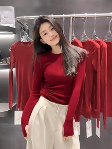 Autumn Winter Womens Slim Fit round Neck Knitted Base Shirt Korean Style Chic Angora Red Inner Wear Top Trendy Long Sleeve