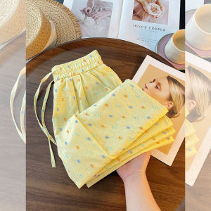 Quần dài PAIBOLI mùa hè cho nữ cạp chun kẻ caro màu vàng phong cách Pháp