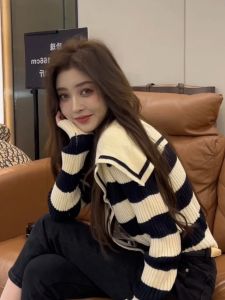 Nautical Neck Striped Sweater Womens Casual Long Sleeve Knitted Cardigan Fashionable Versatile Autumn New Arrival Commute Style