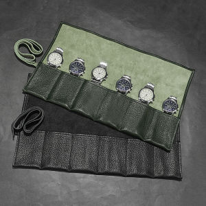 WESSLECO 6 Slots Genuine Leather Watch Roll Case Holder Portable Travel Organizer Watches Storage Display Pouch