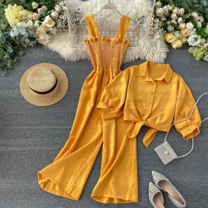 2024 New Womens Vacation Style Two-Piece Set Fashionable Pleated Wide-Leg Jumpsuit with Short Sleeve Open-Front Shirt