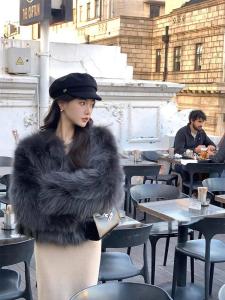 Tagkita Winter Short Fox Fur Coat Womens Fashionable Simulated Fox Fur Jacket Thickened V-neck Button Style Outerwear