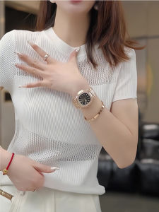 High-end Knitted Short Sleeve T-shirt Round Neck Lace