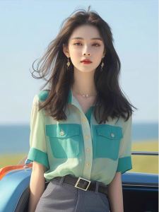 French Minority Color Contrast Patchwork Polo Collar Short Sleeve Shirt Baby Boy and Girl Summer Trendy Sense of Design Versatile Casual Top