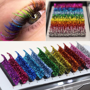 ขนตาปลอมแฟชั่นกลิตเตอร์คริสตัลหลากสีสัน ขนตาปลอมแบบเส้นต่อเส้น ผสมสี ขนตาปลอมแบบรัสเซียวอลลุ่มระยิบระยับสำหรับมืออาชีพ