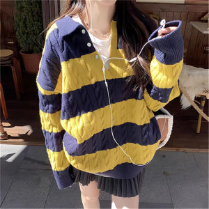 QIAONIAOGE | Ladies Autumn Winter Loose Knitted Sweater V-Neck Striped Long Sleeve Vintage Korean Style Yarn Color Block Casual Top