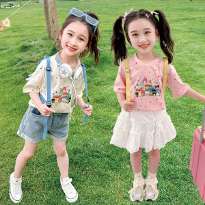 SANRIO เสื้อสั้นฤดูร้อน 2025 น่ารัก เด็กหญิง ลายการ์ตูนอนิเมะ เด็กใหม่ ชุดสั้นสตรี