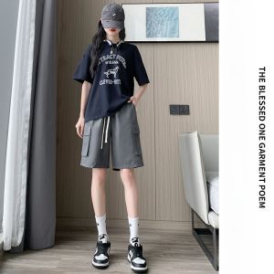 MiiOW | Quần short công sở màu đen cho nữ mùa hè mới có dây rút cạp cao rộng rãi phong cách BF cổ điển quần thể thao Mỹ năm điểm