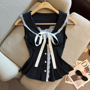GUZILIAN | Chic Lace Bow Sleeveless Waist-Tapered Top