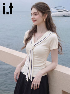 FINGERCROXX | Navy Collar V-Neck Structured Sleeve Slim Summer T-shirt Two-piece Illusion