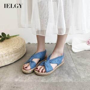 IELGY flat sandals womens all-match fashion denim slip-on student sandals