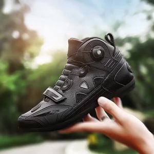 Mens Motorcycle Ankle Boots Motocross Racing Shoes Leather Motorcyclist Boots Women Breathable Mesh Biker Boots Anti-slip Shoes