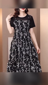 Dress for Women Fashion: Fake Two-Piece Floral Dress - New Summer Dress, Korean Style Slim Round Neck Dress