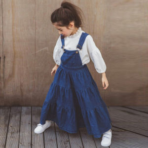 Spring Autumn and Summer Korean Style Childrens Clothing Girls Denim Skirt Cotton Childrens Suspender Skirt Medium and Big Childrens Large Swing Skirt Dress