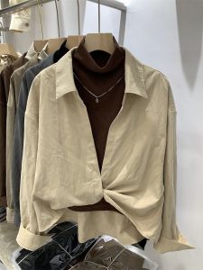 Cross Design Long Sleeve Collared Elastic Cotton Vest Two-Piece Set Korean Style Commute Fashion Autumn Collection Shirt