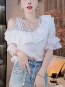 French Style Off-Shoulder Chiffon Shirt Womens Summer New Super Fairy Beautiful Fashionable High-End Short Sleeve Top