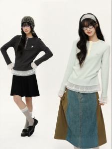 PSO Brand | Puppy Lace Henri Neck Long Sleeve Cotton Stretch Knit Top