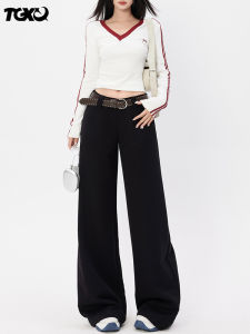 American Style Low Waist Wide Leg Casual Pants Womens Fashion Black Suit Trousers Loose Drapey Polyester Blend Pants