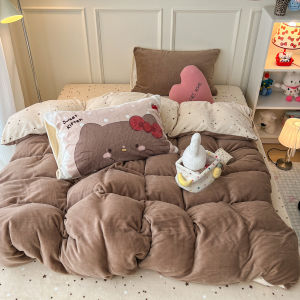Teen Girl Thickened Milk Velvet Four-Piece Bedding Set Double-Sided Flocking Ins Style Winter Warm Bed Sheet Cover Duvet Cover