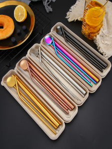 Portable 304 Stainless Steel Environmental Protection Straw Set Box Creative Slanted Mouth Bend Tube Non-Disposable Drinking Straws