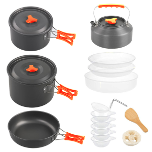 Outdoor camping large cooking set with 2-4 nested pots and lightweight aluminum alloy camping cookware for easy carrying