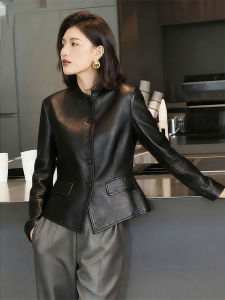 DANTING | Sleek Stand Collar Black Leather Jacket Womens Short Slim Fitting High-Quality