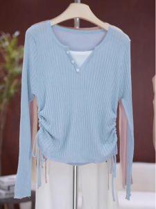 Slim Fit V-Neck Knitwear Womens Large Size Drawstring Long Sleeve Top Color Block Style Korean Style Commute Style Autumn Wear