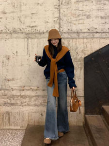 กางเกงยีนส์ทรงหลวมเอวสูงสไตล์ย้อนยุคสไตล์อเมริกันสำหรับผู้หญิง กางเกงขายาวทรงขาบาน ทรงสลิมฟิต ฤดูใบไม้ร่วง 2024 กางเกงยีนส์ทรงหลวม