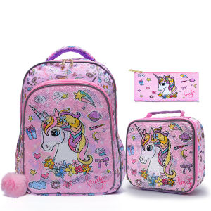 3PCS Travel Bag Luggage Bag Bookbag With Lunch Box And Pen Bag Pink Cartoon Unicorn Patter Sequin Design Nighttime Ref