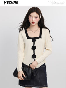 Áo Thun Dệt Kim Tay Dài Dáng Rộng Phong Cách Hàn Quốc Mùa Thu 2025 Áo Thun Nữ Thời Trang Màu Tương Phản Cạp Cao in Hoa