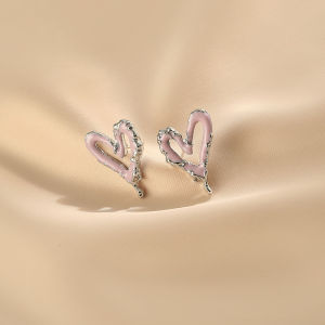 Pink Heart Hollow out Earrings Womens Spring Summer Sweet Girls Heart Ear Jewelry Versatile Simple Korean Style Alloy Ear Studs