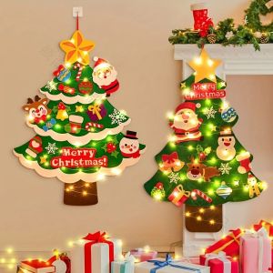 DIY Felt Christmas Tree Set with 32 Ornaments and LED String Lights for Toddlers Kids New Year Gift Xmas Gifts Home Door Wall