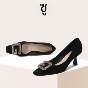 Su Social สีดำ รองเท้าส้นสูง 6 ซม. ผู้หญิง ใหม่ หลากหลาย Commuter Professional Office Square Head Slip-On รองเท้าเดี่ยว