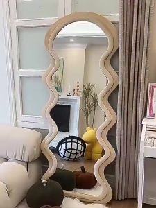 HD Full-Length Mirror with Stand Wall Dressing Mirror Tempered Glass Cloud-Shaped Wave Makeup Mirror